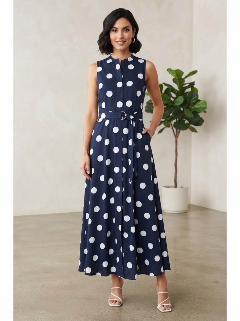 Banana Republic Navy & White Polka Dot Sleeveless Maxi